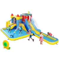 Qaba 6 in 1 Inflatable Water Slide Park with Splash Pools, 2 Slides, Trampoline, Climbing Wall, Cannon, Basketball Hoop(m-11)