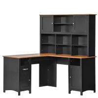 HOMCOM L Shaped Computer Desk with Hutch, 59" Corner Desk, Space Saving Home Office Desk with Storage Shelves, Drawer and Cabinet, Black(m-1)