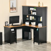 HOMCOM L Shaped Computer Desk with Hutch, 59" Corner Desk, Space Saving Home Office Desk with Storage Shelves, Drawer and Cabinet, Black(m-10)