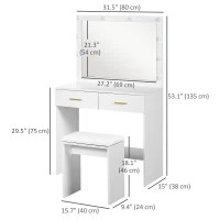 HOMCOM Makeup Vanity Table Set with Stool, Dressing Table with LED Lighting Mirror, Drawers, for Bedroom, White(m-3)
