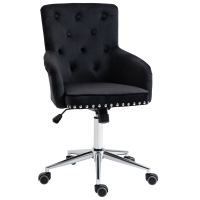 HOMCOM Modern Mid-back Desk Chair with Button Tufted Velvet Back, Nailhead Trim, Swivel Home Office Chair with Adjustable Height, Curved Padded Armrests, Black
