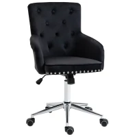 HOMCOM Modern Mid-back Desk Chair with Button Tufted Velvet Back, Nailhead Trim, Swivel Home Office Chair with Adjustable Height, Curved Padded Armrests, Black(m-1)