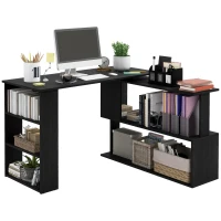 HOMCOM L Shaped Desk, Corner Computer Desk, 360 Degree Rotating Home Office Desk with Storage Shelves, Writing Table Workstation, Black(m-1)