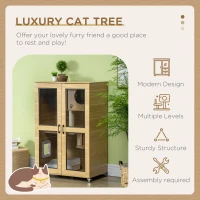 PawHut Luxury Cat House with Wheels,  Kitty Cage Catio Villa for Indoor Cats with Scratching Posts, Condo, Flap Door, Cushion, Oak, 31.5" x 20" x 48.5"(m-4)