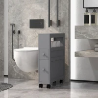 kleankin Space Saving Narrow Bathroom Storage Cabinet, Bath Toilet Paper Holder with Drawers and Rolling Wheels, Gray(m-10)