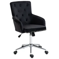HOMCOM Modern Mid-back Desk Chair with Button Tufted Velvet Back, Nailhead Trim, Swivel Home Office Chair with Adjustable Height, Curved Padded Armrests, Black(m-13)