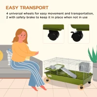 PawHut 35"L Small Animal Cage, Rolling Bunny Cage, Guinea Pig Cage with Food Dish, Water Bottle, Hay Feeder, Platform, Ramp for Chinchilla, Green(m-5)