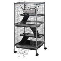 PawHut Metal Small Animal Cage Rolling Big Ferret Cage, Chinchilla Cage, Sugar Glider Cage, with Hammock & 4 Tiers, Removable Tray, Gray(m-12)