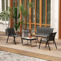 Outsunny 4 Pieces Outdoor Furniture Set with 2 Stackable Chairs, Loveseat, Patio Conversation Set with Glass Coffee Table, Black(m-10)