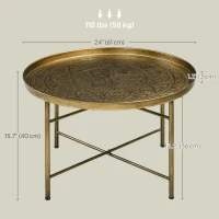 HOMCOM Vintage Coffee Table for Living Room, 24" Round Center Table with Hammered Tray Top and Metal Frame, Gold(m-3)
