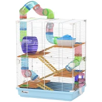 PawHut 5 Tiers Hamster Cage Portable Animal Travel Carrier w/ Exercise Wheels Tube, Light Blue(m-1)