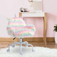 HOMCOM Fluffy Unicorn Office Chair with Mid-Back and Armrest Support, 5 Star Swivel Wheel White Base, Rainbow(m-7)