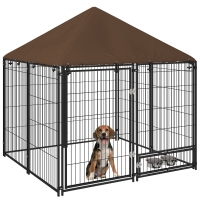PawHut Outside Dog Kennel, 4.6' x 4.6' x 5' Puppy Play Pen with Canopy, Garden Playpen Fence Crate Enclosure Cage Rotating Bowl, for Dogs, Chickens, Ducks, Black