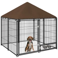 PawHut Outside Dog Kennel, 4.6' x 4.6' x 5' Puppy Play Pen with Canopy, Garden Playpen Fence Crate Enclosure Cage Rotating Bowl, for Dogs, Chickens, Ducks, Black(m-1)