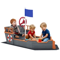 Outsunny Kids Wooden Sandbox Pirate Ship Sandboat w/ Bench Seat Storage Space Ceder Wood, Gray(m-11)