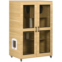 PawHut Luxury Cat House with Wheels,  Kitty Cage Catio Villa for Indoor Cats with Scratching Posts, Condo, Flap Door, Cushion, Oak, 31.5" x 20" x 48.5"(m-1)