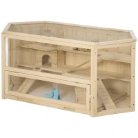 PawHut Wooden Large Hamster Cage Small Animal Exercise Play House 3 Tier with Tray, Seesaws, Water Bottle, Activity Center, Natural(m-13)