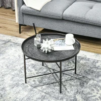 HOMCOM Vintage Coffee Table for Living Room, 24" Round Center Table with Hammered Tray Top and Metal Frame, Pewter(m-6)