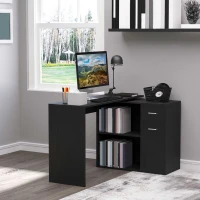 HOMCOM L Shaped Computer Desk, 180° Rotating Corner Desk with Storage Shelves, Drawer and Cabinet, Study Workstation for Home Office, Black(m-12)