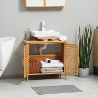 kleankin Freestanding Bathroom Sink Cabinet, Bamboo Under Sink Cabinet Cupboard Organizer with 2 Slatted Doors, Natural(m-7)