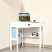 HOMCOM Corner Desk, Triangle Computer Desk with Drawer and Storage Shelves for Small Spaces, Home Office Workstation for Living Room, or Bedroom, White(m-10)