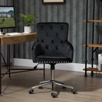 HOMCOM Modern Mid-back Desk Chair with Button Tufted Velvet Back, Nailhead Trim, Swivel Home Office Chair with Adjustable Height, Curved Padded Armrests, Black(m-9)