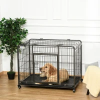 PawHut Folding Design Heavy Duty Metal Dog Cage Crate & Kennel with Removable Tray and Cover, & 4 Locking Wheels, Indoor/Outdoor 43"(m-10)