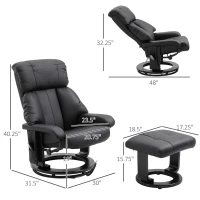 HOMCOM Massage Recliner Chair with Ottoman, 360° Swivel Recliner and Footstool, 10 Point Vibration, PU Leather Reclining Chair with Side Pocket and Remote Control, Black(m-3)