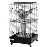 PawHut 42" Ferret Cage, Small Animal Habitat Metal Pet Cage with Wheels Brakes, Hammocks, Hanging Tunnels, and 3 Doors, Black(m-11)
