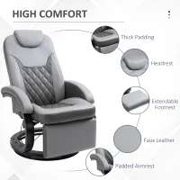 HOMCOM Faux Leather Manual Recliner, Adjustable Swivel Lounge Chair, Armchair with Footrest and Round Base for Living Room, Gray(m-5)