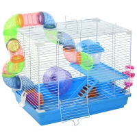 PawHut 2-Level Hamster Cage Rodent Gerbil House Mouse Mice Rat Habitat Metal Wire with Exercise Wheel, Play Tubes, Water Bottle, Food Dishes, & Interior Ladder(m-1)