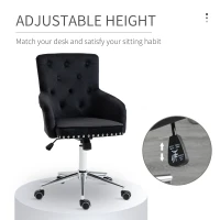 HOMCOM Modern Mid-back Desk Chair with Button Tufted Velvet Back, Nailhead Trim, Swivel Home Office Chair with Adjustable Height, Curved Padded Armrests, Black(m-4)