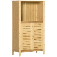 HOMCOM Bamboo Floor Cabinet Bathroom Floor Cabinet Living Room Organizer Tower with Multiple Shelves and Doors, Natural(m-1)