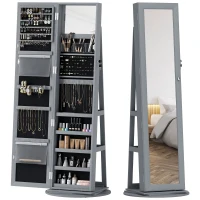 HOMCOM 360° Swivel Jewelry Armoire, Lockable Jewelry Cabinet with Full-Length Mirror, Storage Shelves, Gray(m-1)