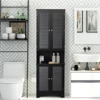 HOMCOM Tall Narrow Bathroom Storage Cabinet with Doors and Shelf Adjustability, Freestanding Linen Cabinet with 2 Cabinets and Countertop, Black(m-2)