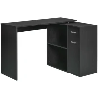 HOMCOM L Shaped Computer Desk, 180° Rotating Corner Desk with Storage Shelves, Drawer and Cabinet, Study Workstation for Home Office, Black(m-1)