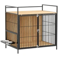 PawHut 30 Inch Dog Crate Furniture, Indoor Pet Kennel Side Table with Rotatable Bowls, 2 Anti-Escape Doors, for M Dogs, Oak(m-12)
