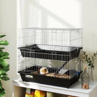 PawHut 2-Tier Small Animal Cage with 2 Doors, Trays, Dish, Bottle, and Ramp for Bunny, Ferret, Chinchilla, Black(m-10)