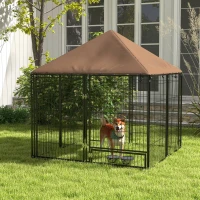 PawHut Outside Dog Kennel, 4.6' x 4.6' x 5' Puppy Play Pen with Canopy, Garden Playpen Fence Crate Enclosure Cage Rotating Bowl, for Dogs, Chickens, Ducks, Black(m-10)