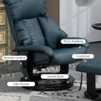 HOMCOM Swivel Recliner with Ottoman, Faux Leather Reclining Chair with Massage, Footstool Remote and Side Pocket, Blue(m-6)