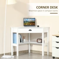 HOMCOM Corner Desk, Triangle Computer Desk with Drawer and Storage Shelves for Small Spaces, Home Office Workstation for Living Room, or Bedroom, White(m-5)
