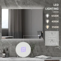 kleankin Bathroom Mirror Cabinet with Light, Bathroom Storage Cupboard with USB Charge, Adjustable Shelf, 35.5"W x 25.5"H, White(m-4)