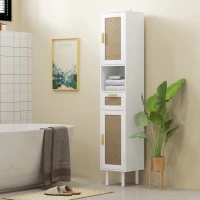 HOMCOM Tall Bathroom Cabinet with Rattan Doors, Freestanding Bathroom Storage Cabinet with Adjustable Shelves, White(m-10)
