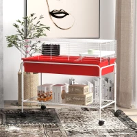 PawHut Two-Story Small Animal Cage Removable from Stand, Pet Habitat with Shelf & Wheels, 39" x 20.5" x 36.5", Red(m-10)