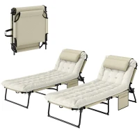 Outsunny 2-Piece Folding Lounge Chairs with Adjustable Backrest, Tanning Chair with Cushion, Side Pocket, Headrest, Beige(m-11)