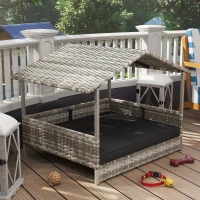 PawHut Wicker Dog House Elevated Raised Rattan Bed with Removable Cushion Lounge, Charcoal Gray(m-10)