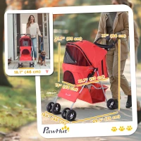 PawHut Pet Stroller Foldable Carrier for Cat, Dog and More 4 Wheels Travel Jogger with Cup Holder, Storage Basket, 360 ° swiveling front wheels, Easy Fold, Red(m-3)