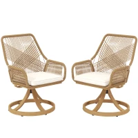 Outsunny Outdoor Swivel Dining Chairs Set of 2, Patio Rattan Chairs with Soft Cushions for Garden, Backyard, Poolside, Khaki(m-2)