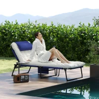 Outsunny Folding Chaise Lounge Pool Chair with 4-level Reclining Back, Cushion, Side Pocket, Headrest, Navy Blue(m-10)