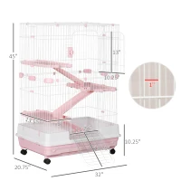 PawHut 32"L 4-Level Small Animal Cage Rabbit Hutch with Wheels, Slide-out Tray for Bunny, Chinchillas, Ferret, Pink(m-3)